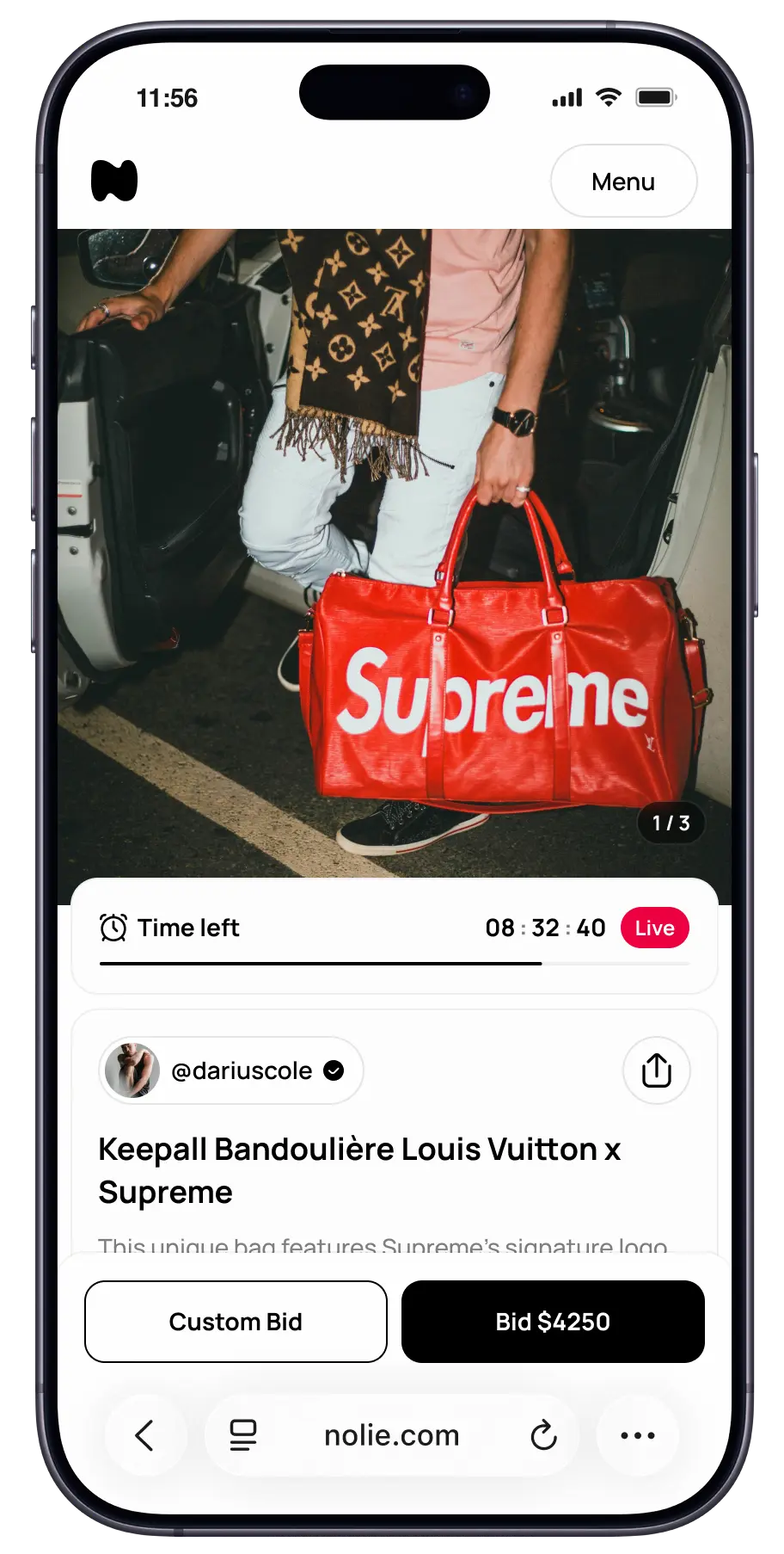 NoLie mobile app showing a Louis Vuitton x Supreme bag auction with live bidding