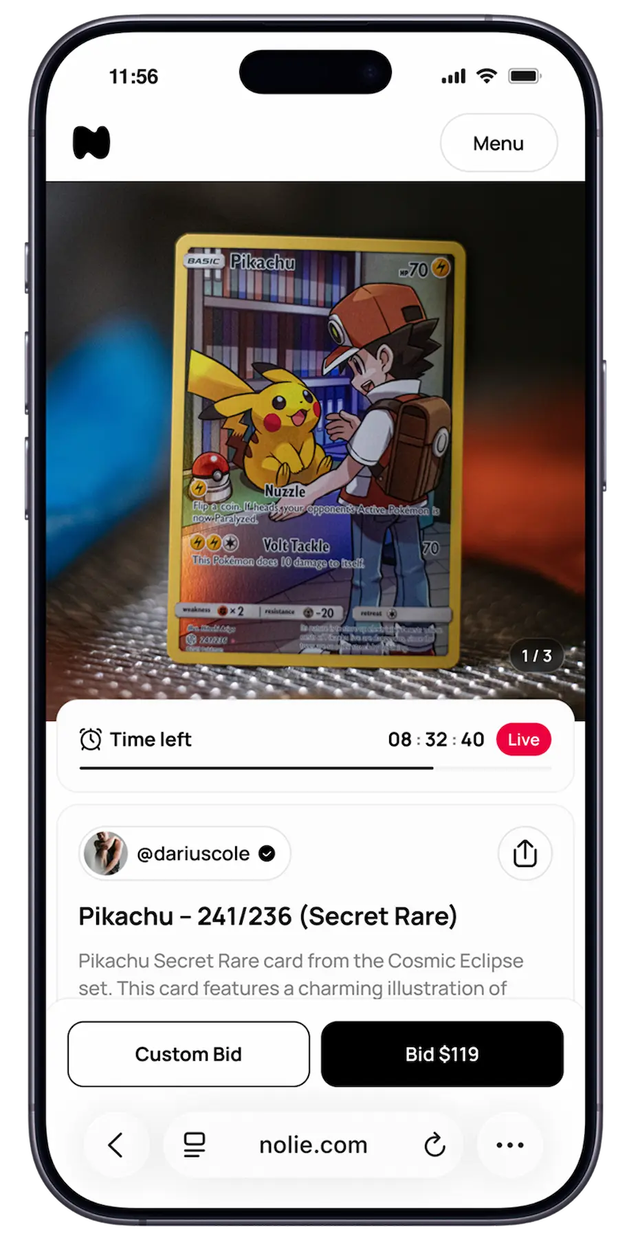 NoLie mobile app showing a Louis Vuitton x Supreme bag auction with live bidding